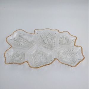 6 Compartment Glass Servings Dish with Featherleaf Pattern and Gilded Beaded Rim